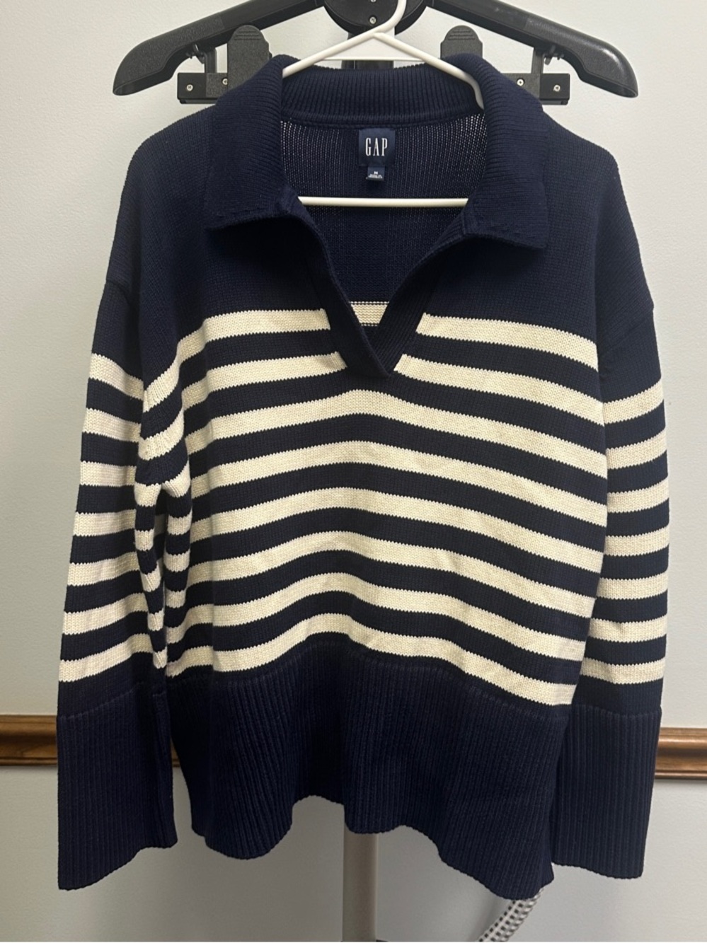GAP Navy and White Striped Polo-Style Sweater